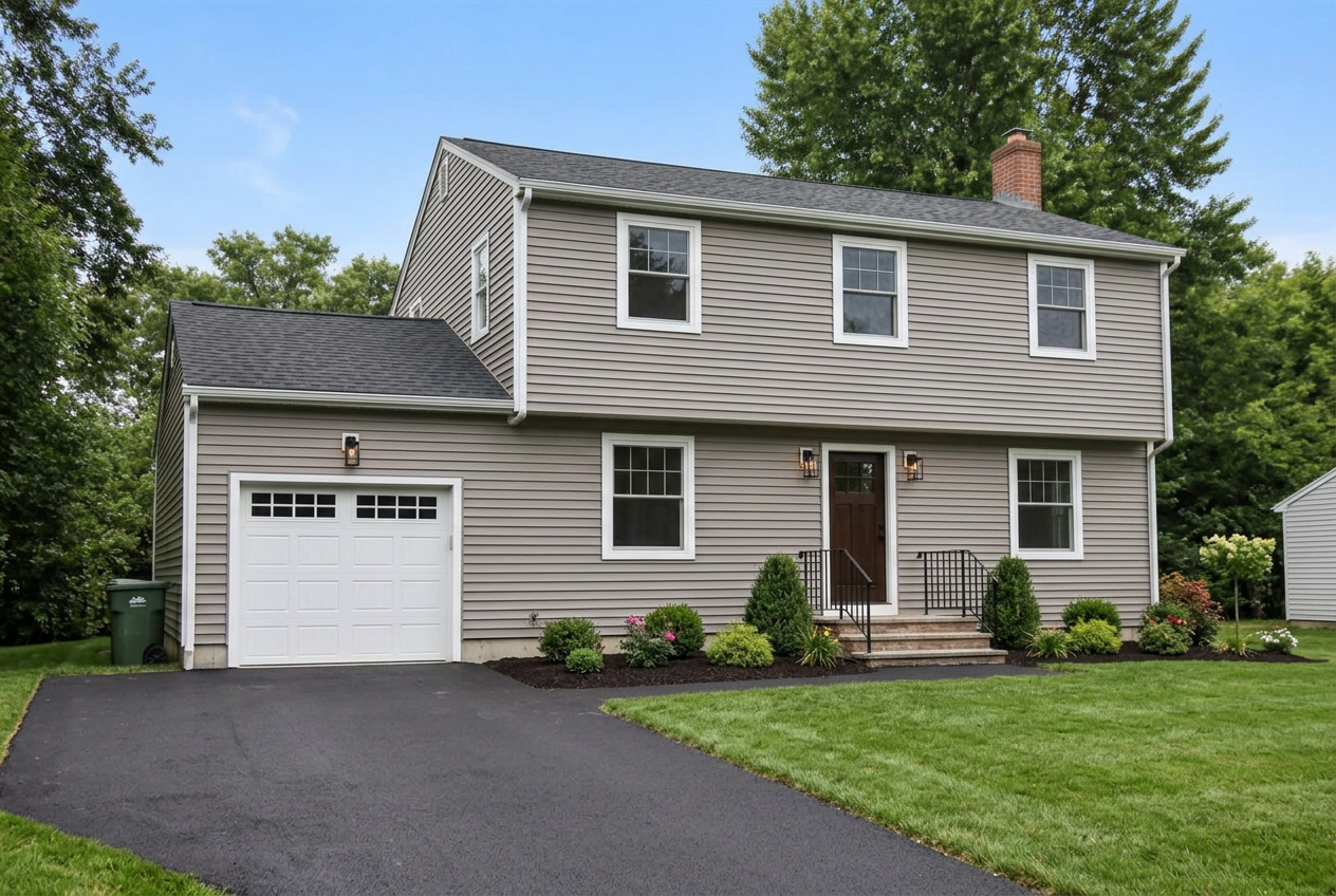 The same house after renovation with new siding, door and landscaping